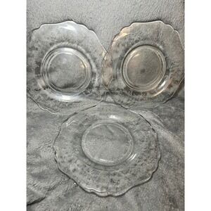 Vintage Etched Glass Luncheon Plates Set 3 Floral Scalloped 9 Inch Clear